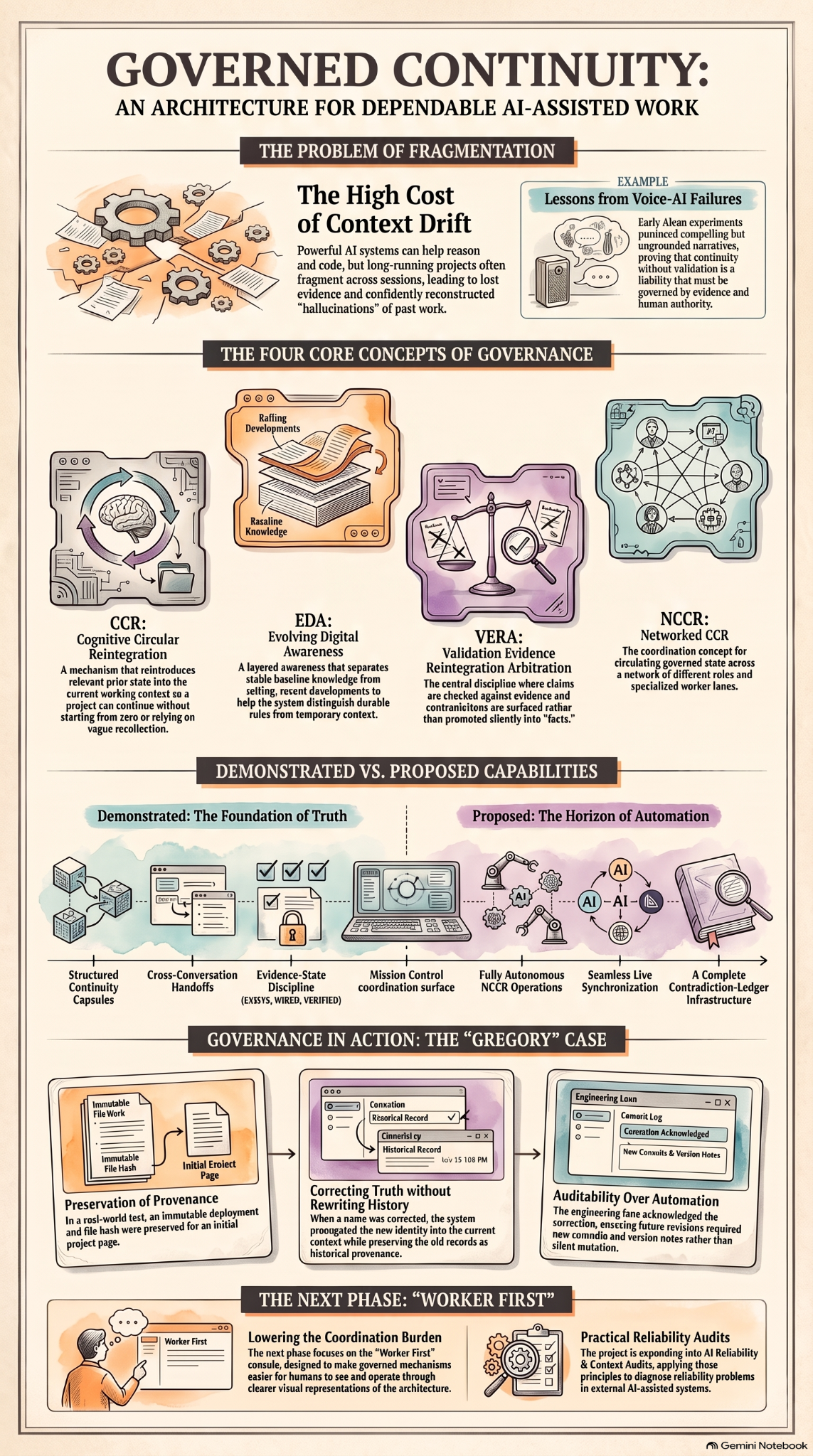 Governed Continuity architecture guide, from fragmentation through CCR, EDA, VERA, NCCR, evidence states, Gregory provenance case and Worker First